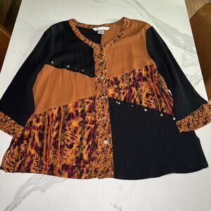 Vintage Napa Valley Patchwork Button Up Blouse Women's 2X Bohemian Cottagecore